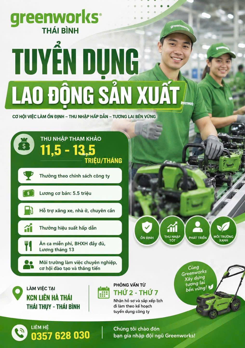 CÔNG TY GREENWORKS THÁI BÌNH THÔNG BÁO TUYỂN DỤNG